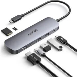 Hub USB-C Anker 7 em 1 cinza com porta HDMI, USB-A e leitor de cartão