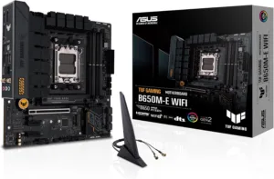 Placa-mãe ASUS TUF Gaming B650M-E WiFi micro-ATX preta e amarela vista de cima