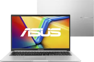 Notebook ASUS Vivobook 15 prata aberto, visto de frente