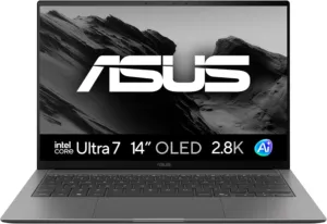 Notebook ASUS Zenbook S14 cinza Antrim Gray ultrafino aberto com tela OLED