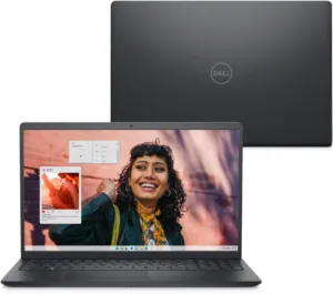 Dell 15 Core i5-1334U preto aberto com a tampa ao fundo