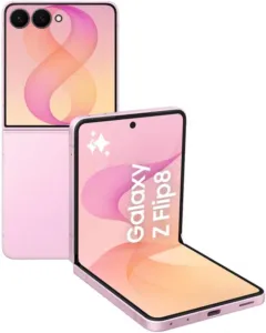 Celular dobrável Samsung Galaxy Z Flip8 rosa, aberto e fechado