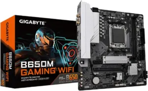 Placa-mãe Gigabyte B650M Gaming WiFi micro-ATX preta e cinza vista de cima
