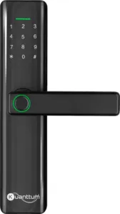 Fechadura digital Kuanttum Delta preta piano com biometria, teclado touch e maçaneta