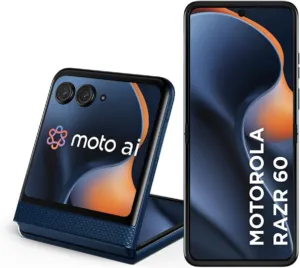 Celular dobrável Motorola Razr 60 azul marinho, aberto e fechado