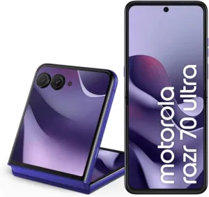 Celular dobrável Motorola Razr 70 Ultra roxo, aberto e fechado