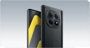 Celular Xiaomi POCO M8 5G preto, frente e verso