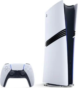 Console PlayStation 5 Pro branco com faixas pretas e controle DualSense