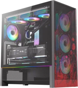 Gabinete Redragon Strafe Flow RGB Infernal Dragon preto e vermelho com arte de dragão