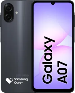 Samsung Galaxy A07 preto, frente e verso