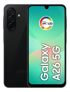 Samsung Galaxy A26 5G preto, frente e verso