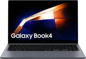 Notebook Samsung Galaxy Book4 grafite aberto, visto de lado