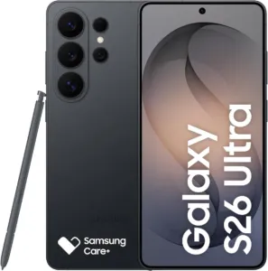 Samsung Galaxy S26 Ultra preto, frente e verso