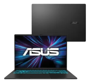 Notebook ASUS V16 preto fosco aberto, com tela de 16 polegadas