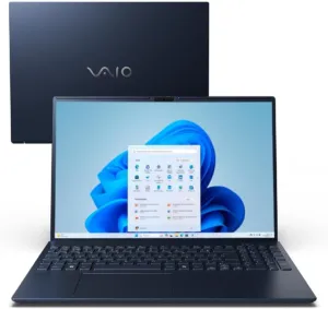 Notebook VAIO FE16 cinza grafite aberto, visto de frente