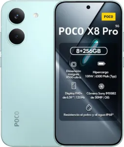 Celular Xiaomi POCO X8 Pro verde menta, frente e verso